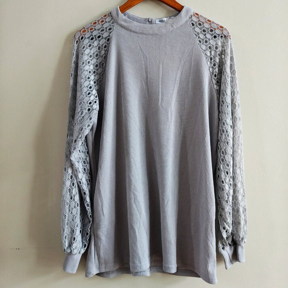 Waffle Knit Lace Sleeve Top - Picture 7 of 8